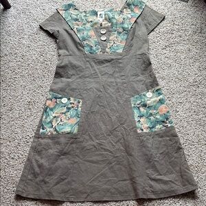 Dark green/ brown hemp and organic cotton Floral Accent Dress size S/M